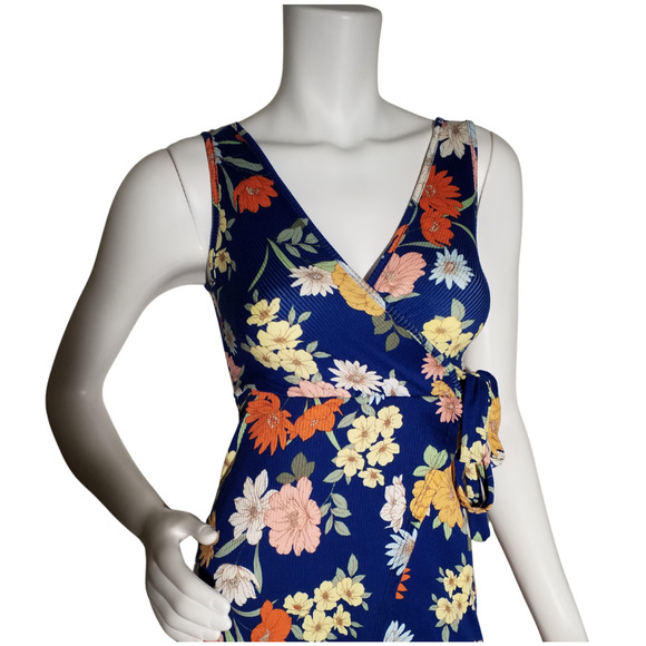 Jessica Simpson Floral Sheath Dress Blue Ribbed Stretch NWT Size XS - Picture 2 of 7